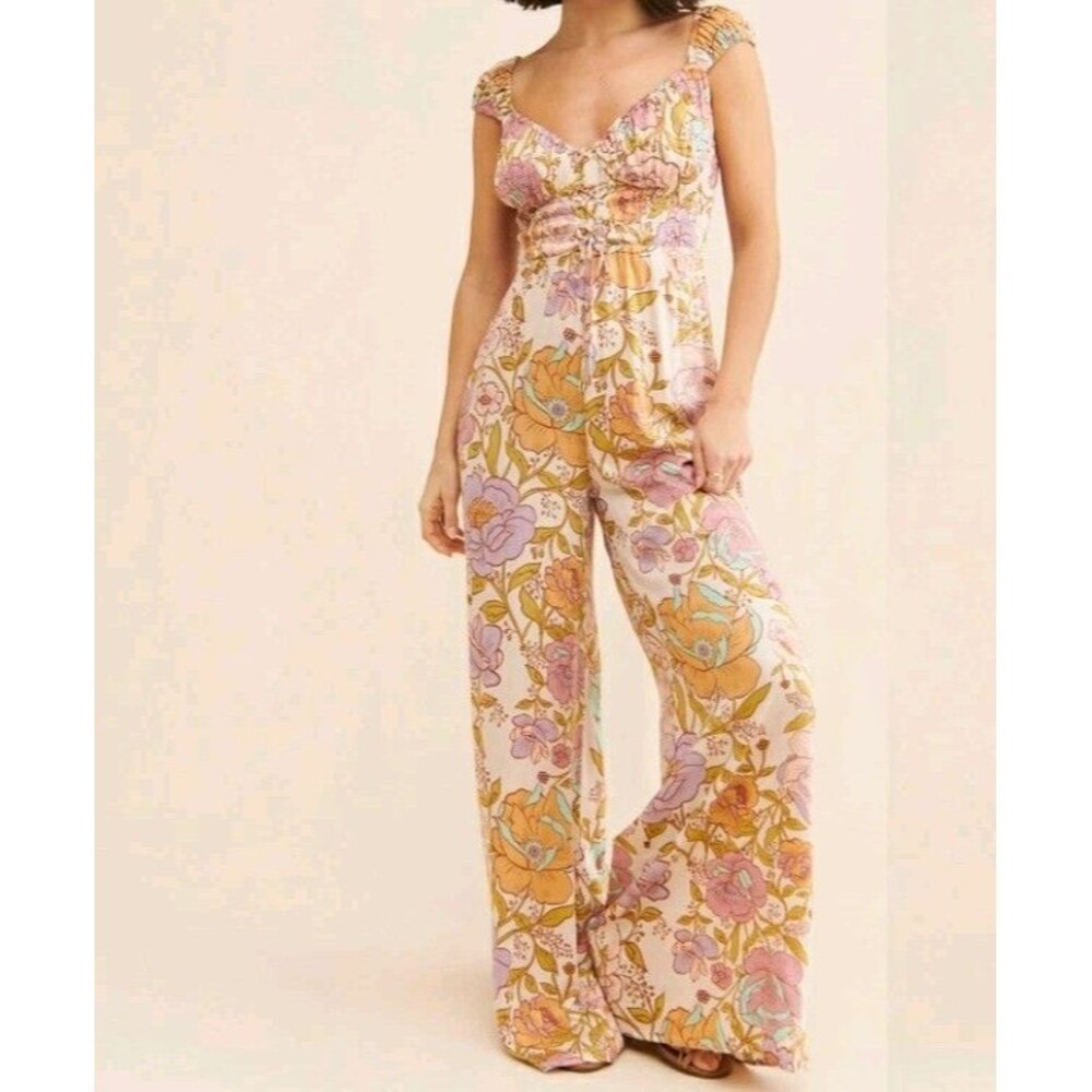 Free People Rolling Hills Floral Wide Leg Jumpsuit Smocked Lace Up Front Flowy M